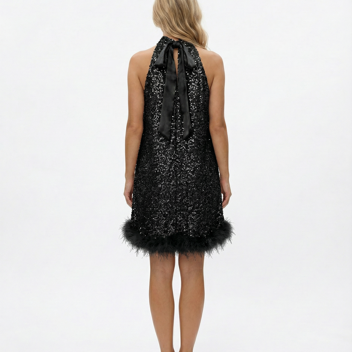 Pearl | Sequin Halter Mini Dress with Feather Hem