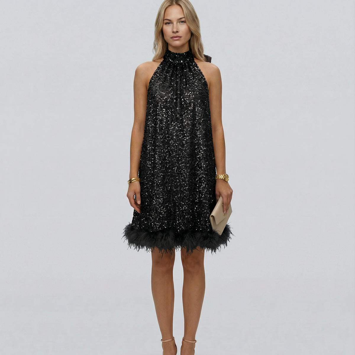 Pearl | Sequin Halter Mini Dress with Feather Hem
