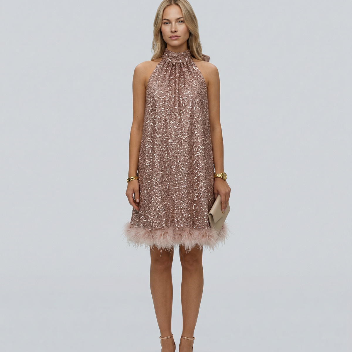 Pearl | Sequin Halter Mini Dress with Feather Hem