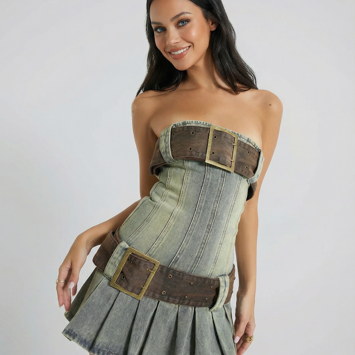 Lynn | Strapless Denim Kilt Mini Dress with Belt Detail