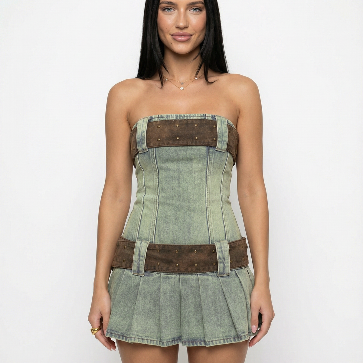 Lynn | Strapless Denim Kilt Mini Dress with Belt Detail