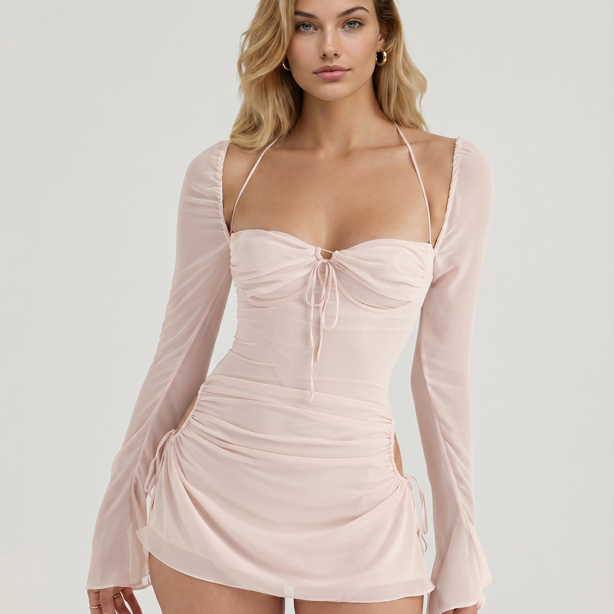 Hilda | Chiffon Halter Mini Dress with Ruched Cut-Out