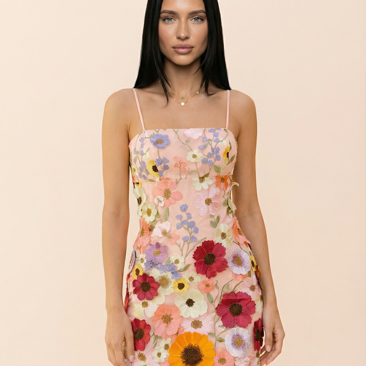 Estelle | Mini Dress with Floral Embroidery and Square Neck