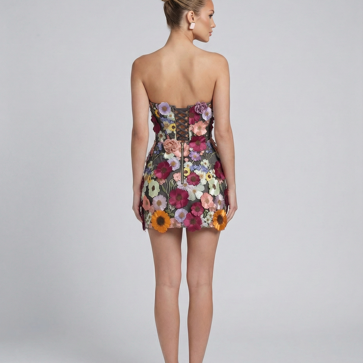 Julia | Strapless Mini Dress with 3D Floral Embroidery