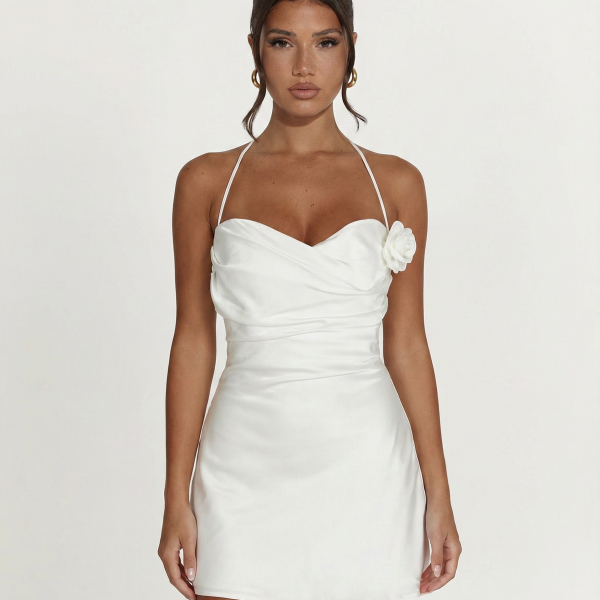 Linda | Halter Mini Dress with Satin Finish and Floral Detail