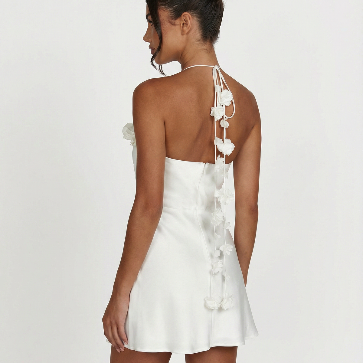 Linda | Halter Mini Dress with Satin Finish and Floral Detail