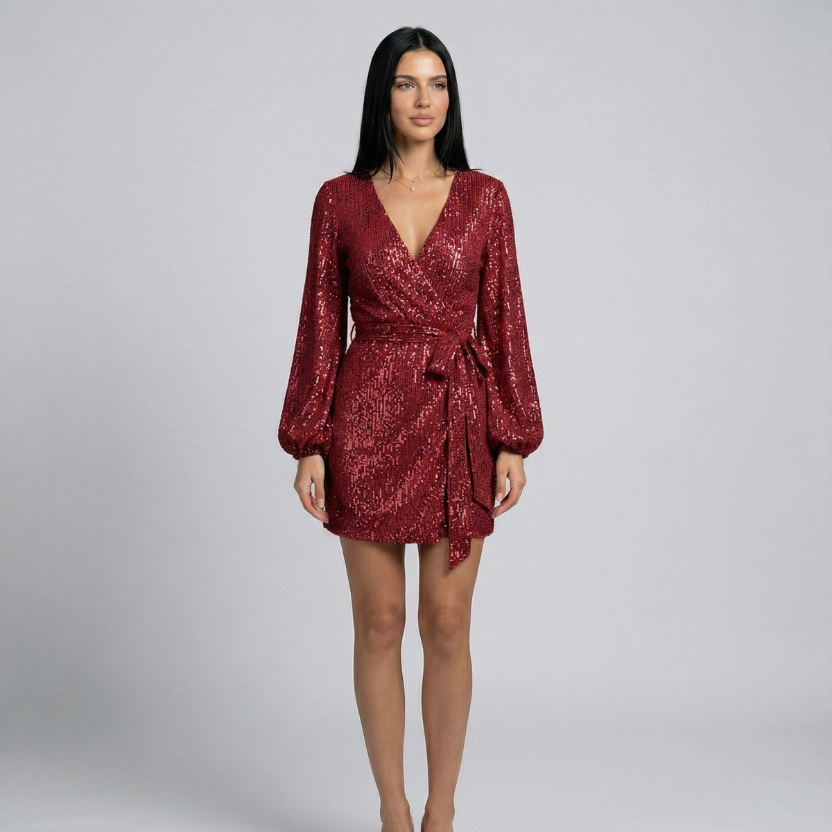Trina | Sequin Wrap Mini Dress with Long Sleeves