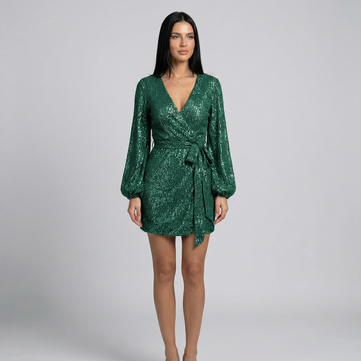 Trina | Sequin Wrap Mini Dress with Long Sleeves