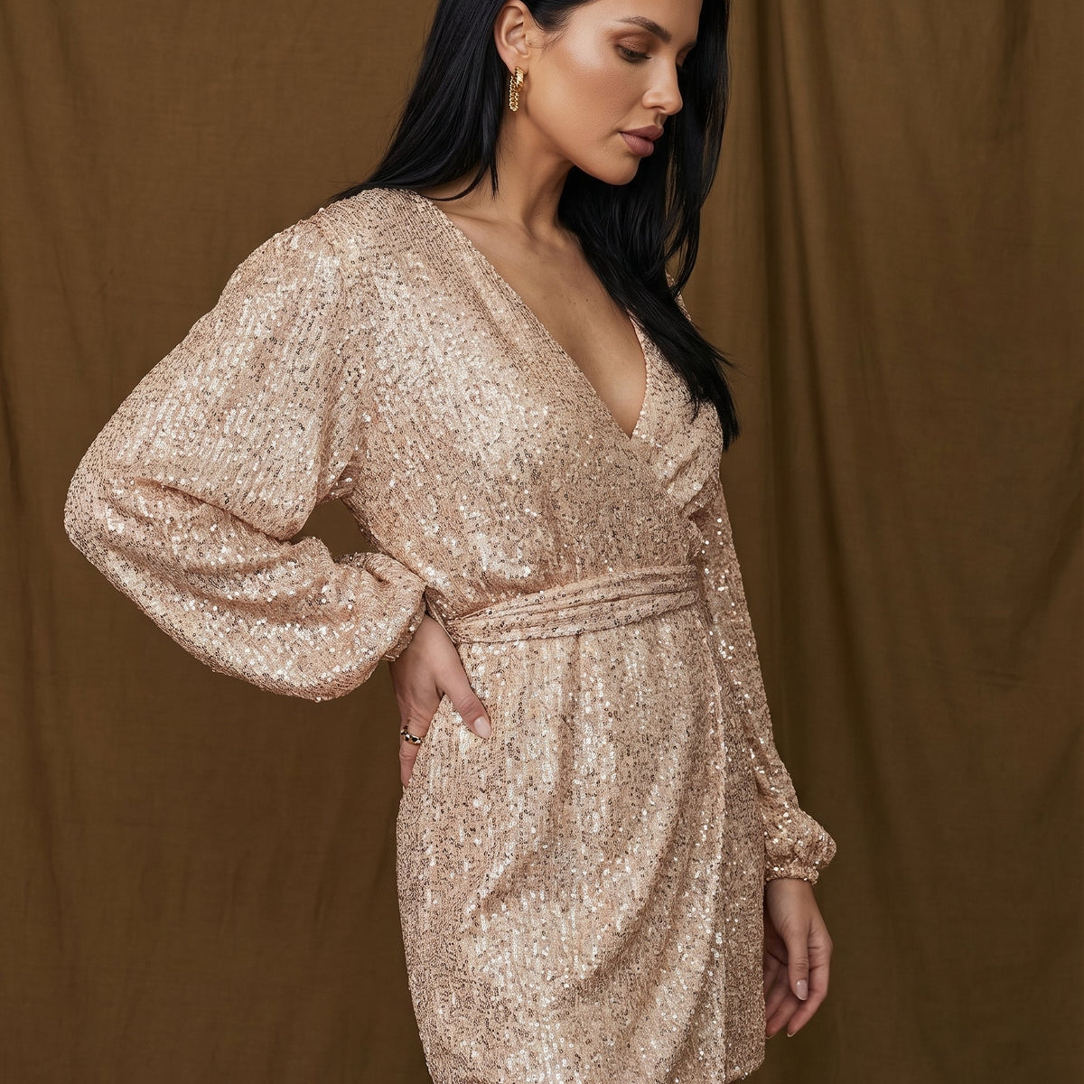 Trina | Sequin Wrap Mini Dress with Long Sleeves