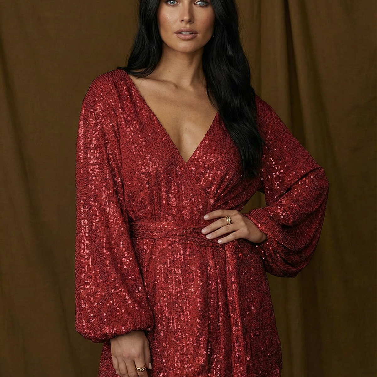 Trina | Sequin Wrap Mini Dress with Long Sleeves