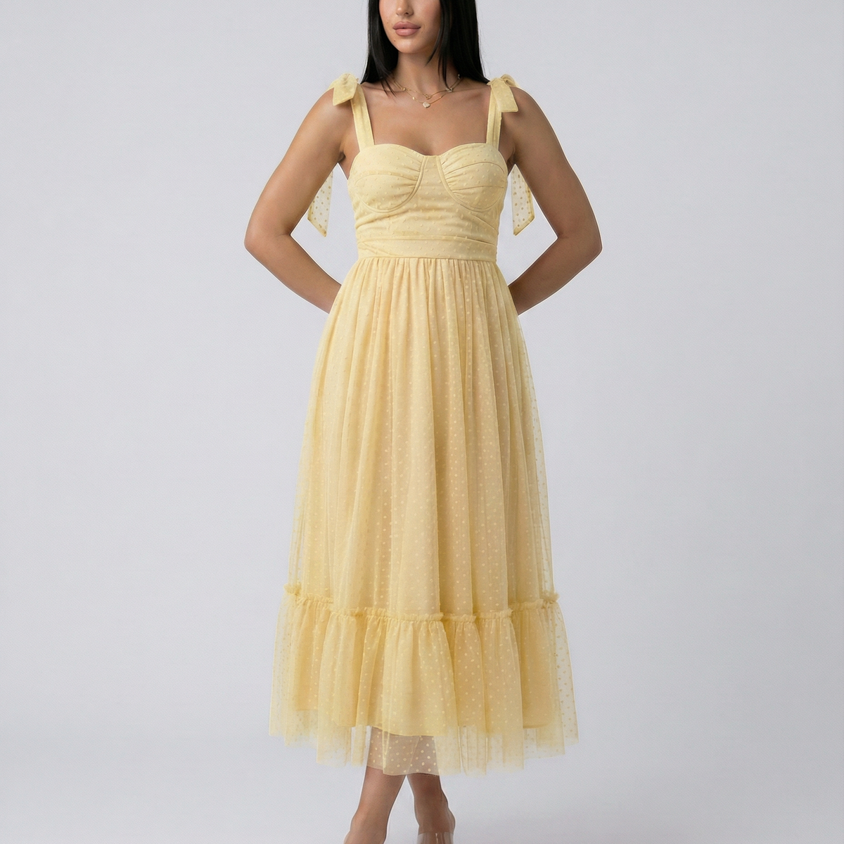 Tina | Midi Tulle Dress with Tie Shoulder Straps