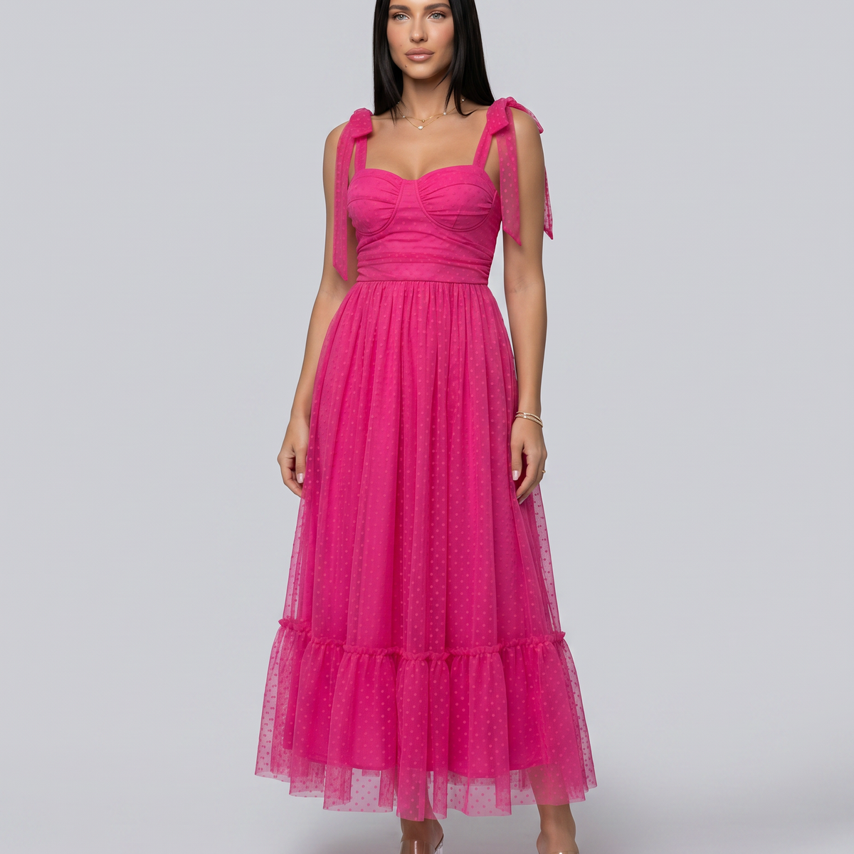 Tina | Midi Tulle Dress with Tie Shoulder Straps