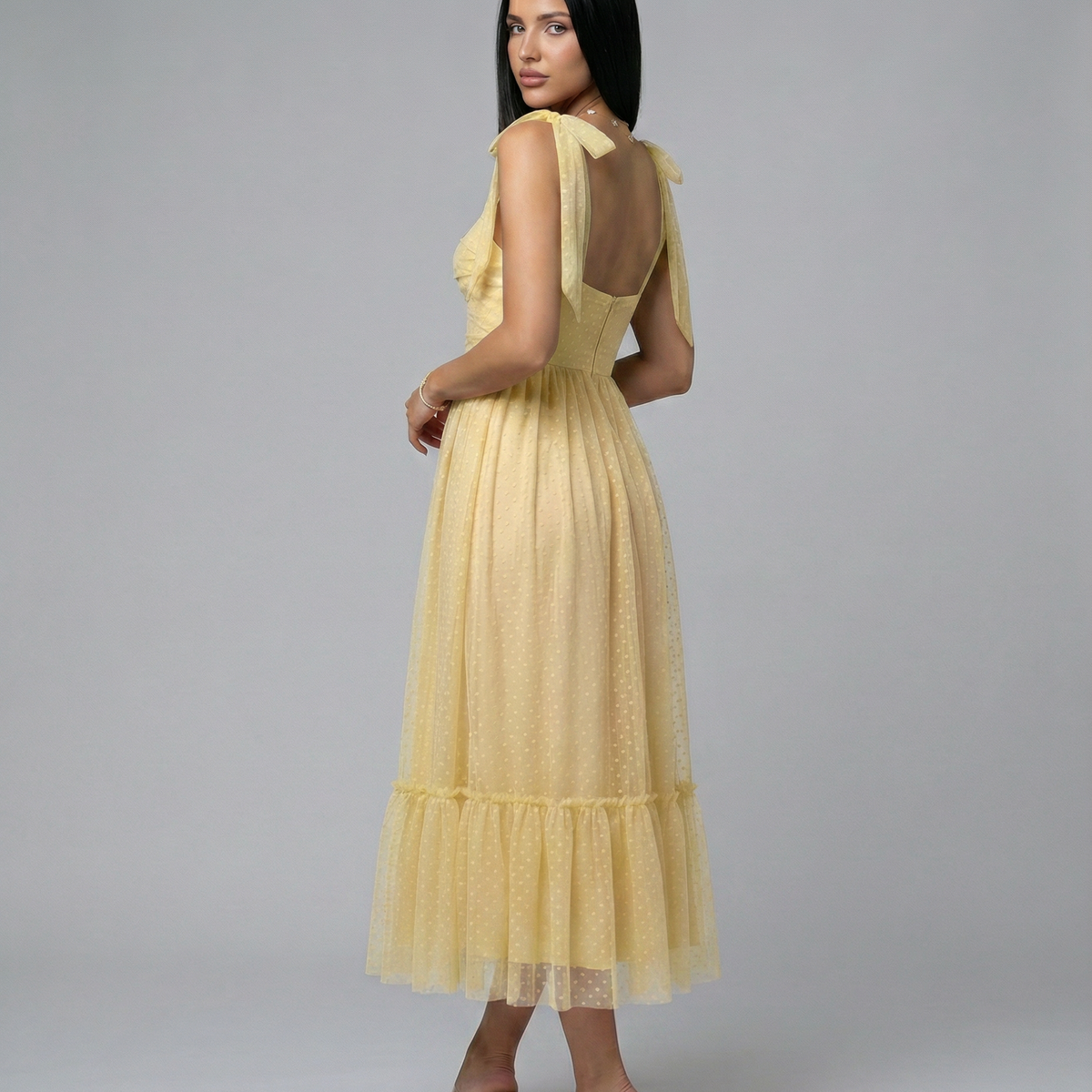 Tina | Midi Tulle Dress with Tie Shoulder Straps
