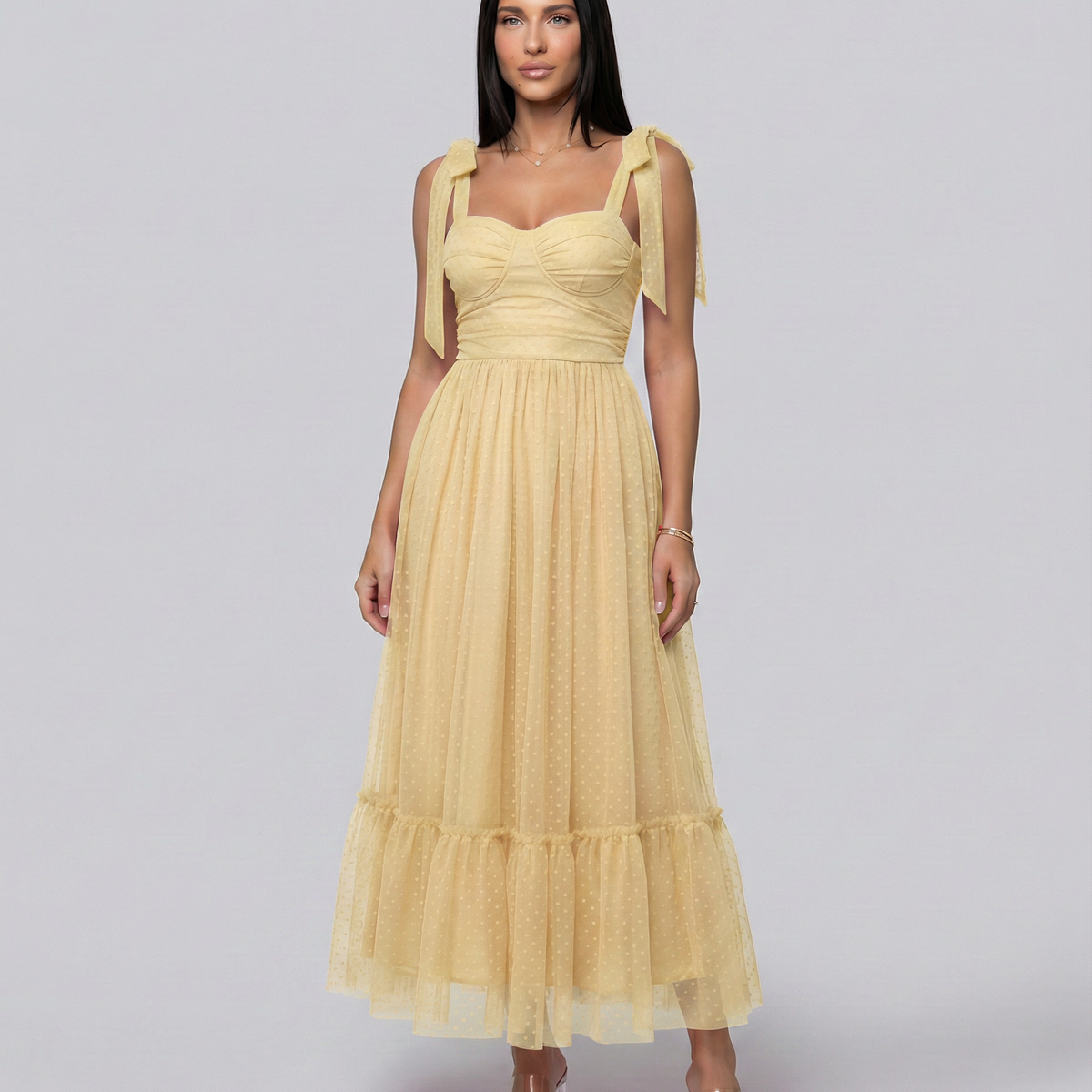 Tina | Midi Tulle Dress with Tie Shoulder Straps