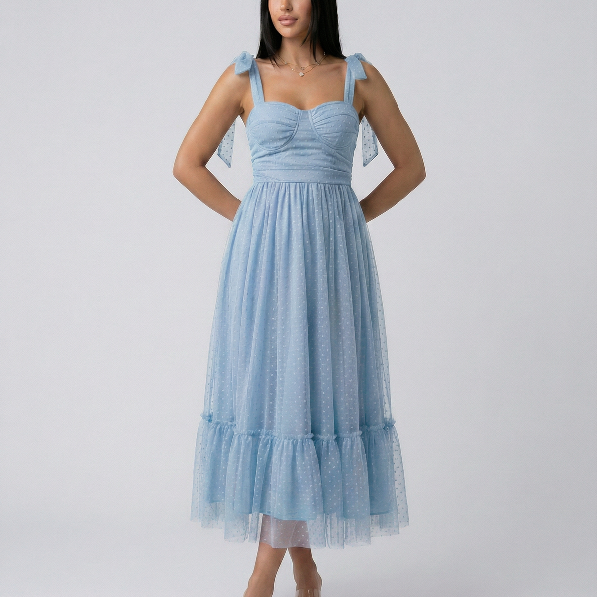 Tina | Midi Tulle Dress with Tie Shoulder Straps