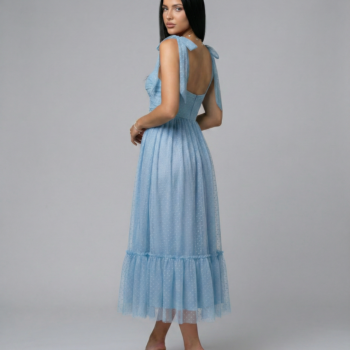 Tina | Midi Tulle Dress with Tie Shoulder Straps