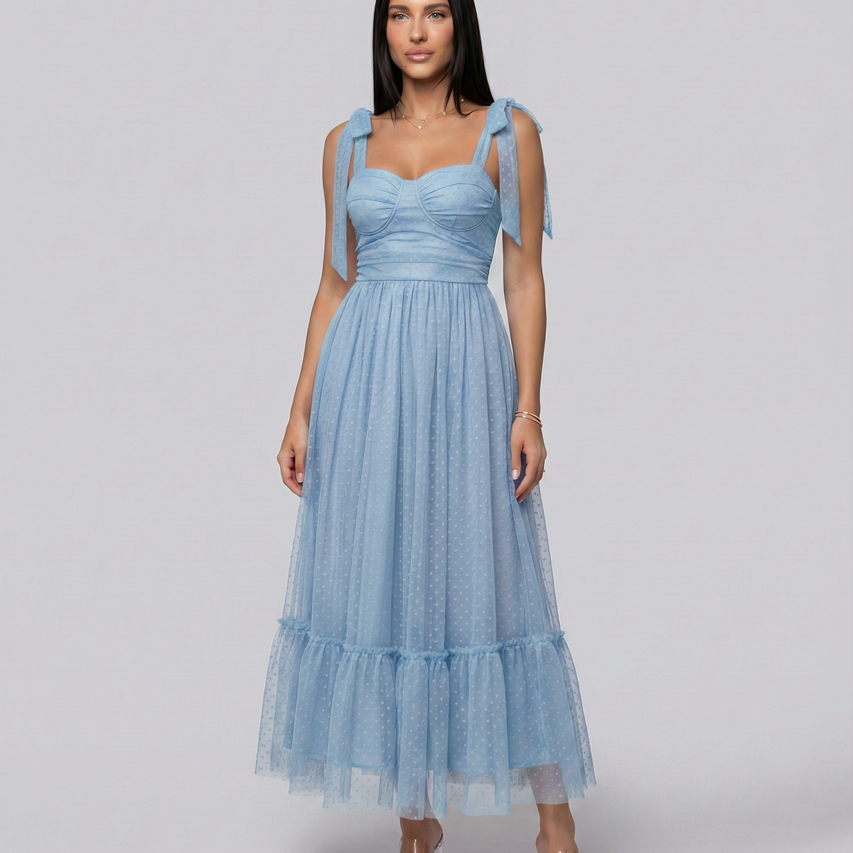 Tina | Midi Tulle Dress with Tie Shoulder Straps