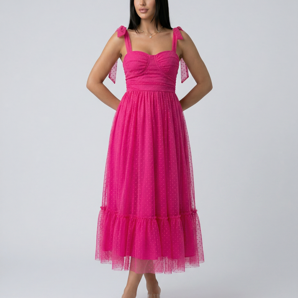 Tina | Midi Tulle Dress with Tie Shoulder Straps