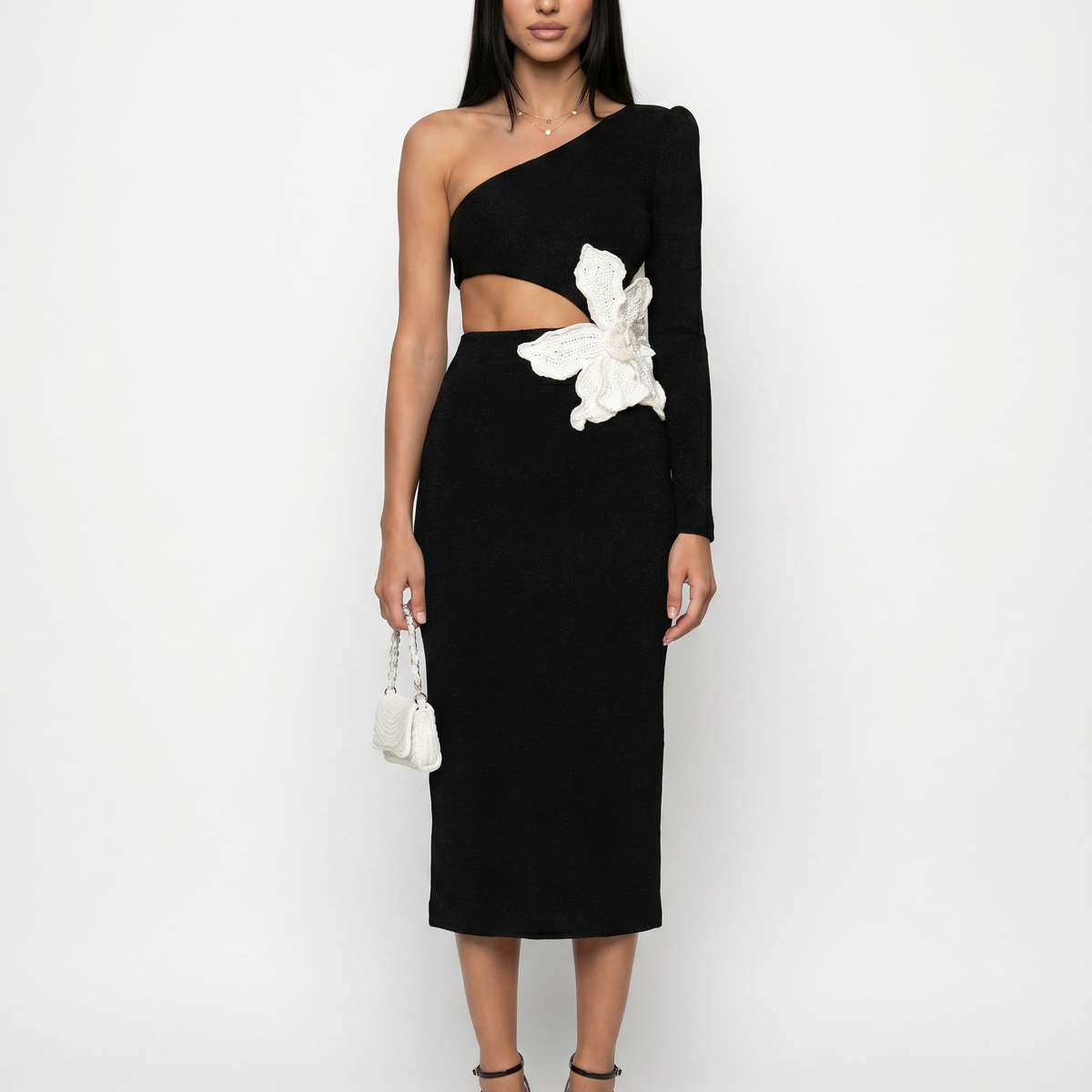 Angelica | Midi Dress with One-Shoulder Floral Detail