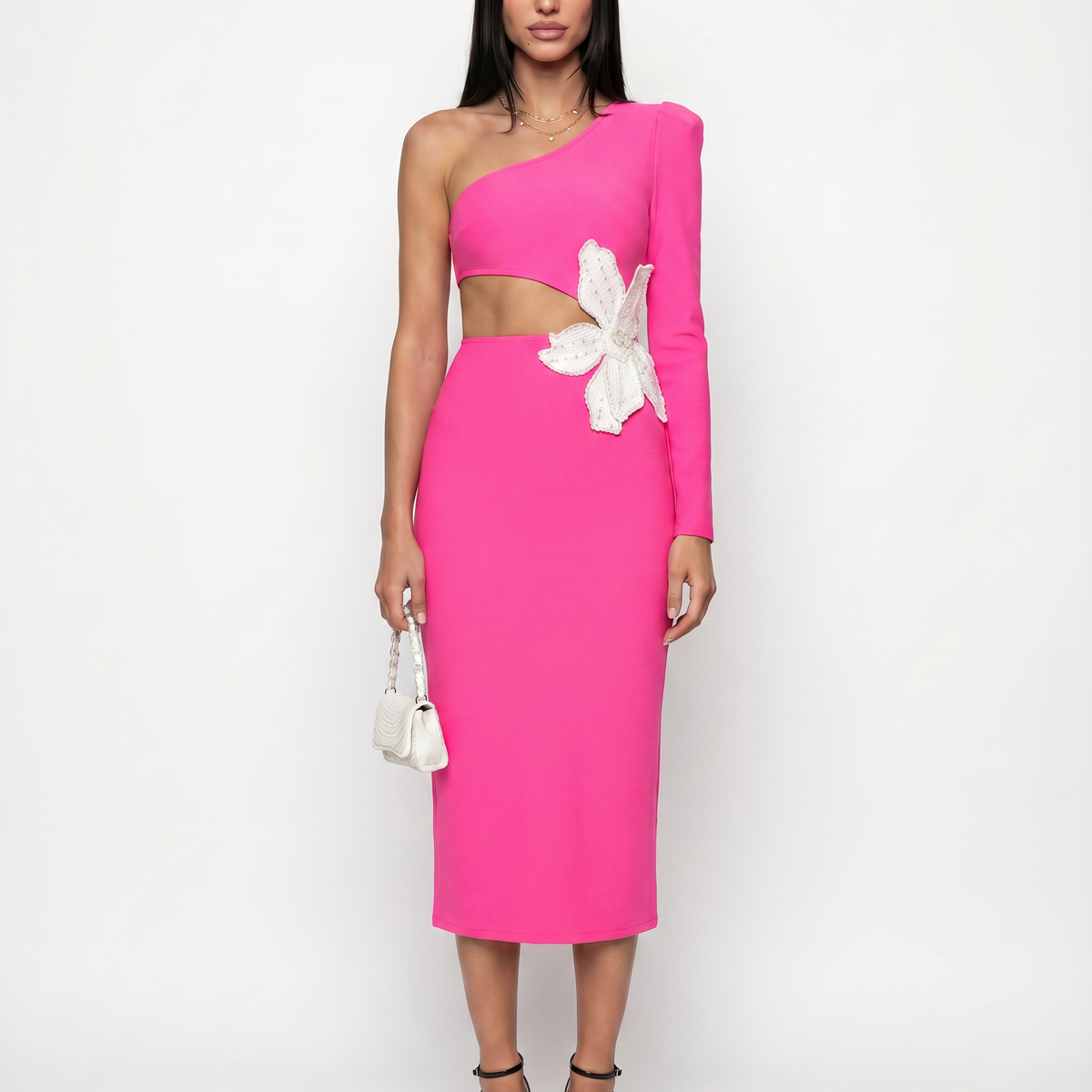 Angelica | Midi Dress with One-Shoulder Floral Detail