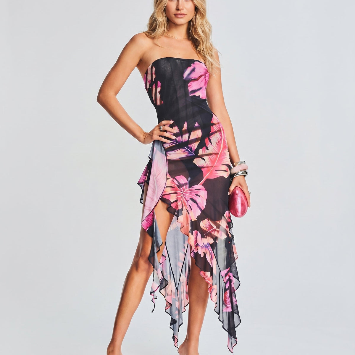 Luz | Strapless Asymmetric Midi Dress with Ruffle Hem