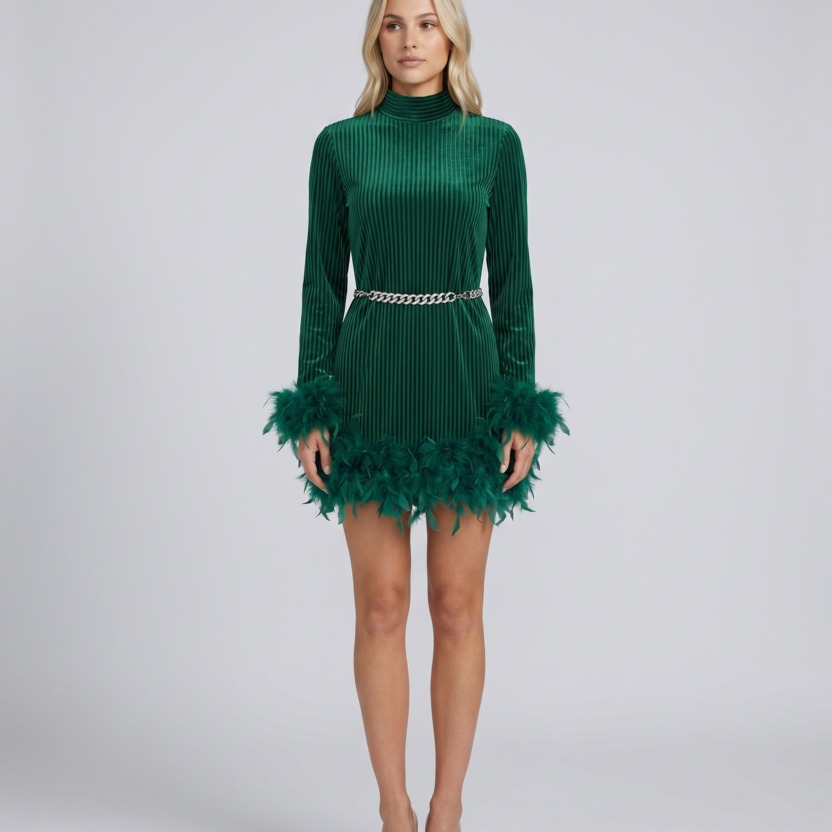 Ayden | Mini Dress with Feather Trim and Belt
