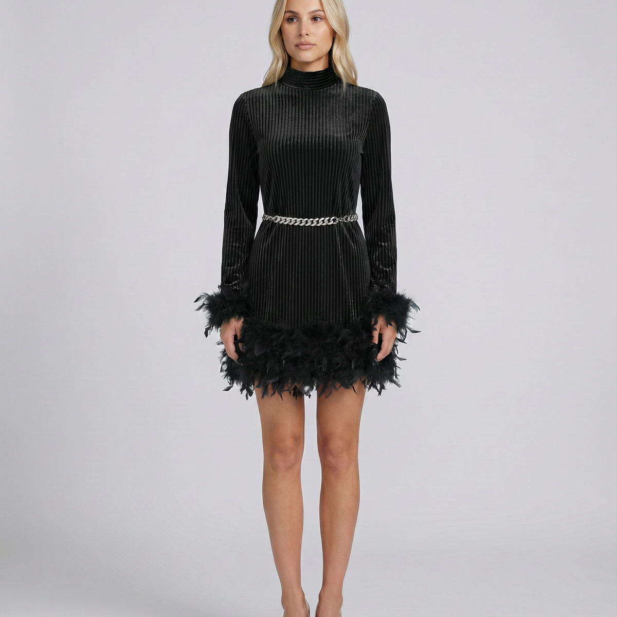 Ayden | Mini Dress with Feather Trim and Belt
