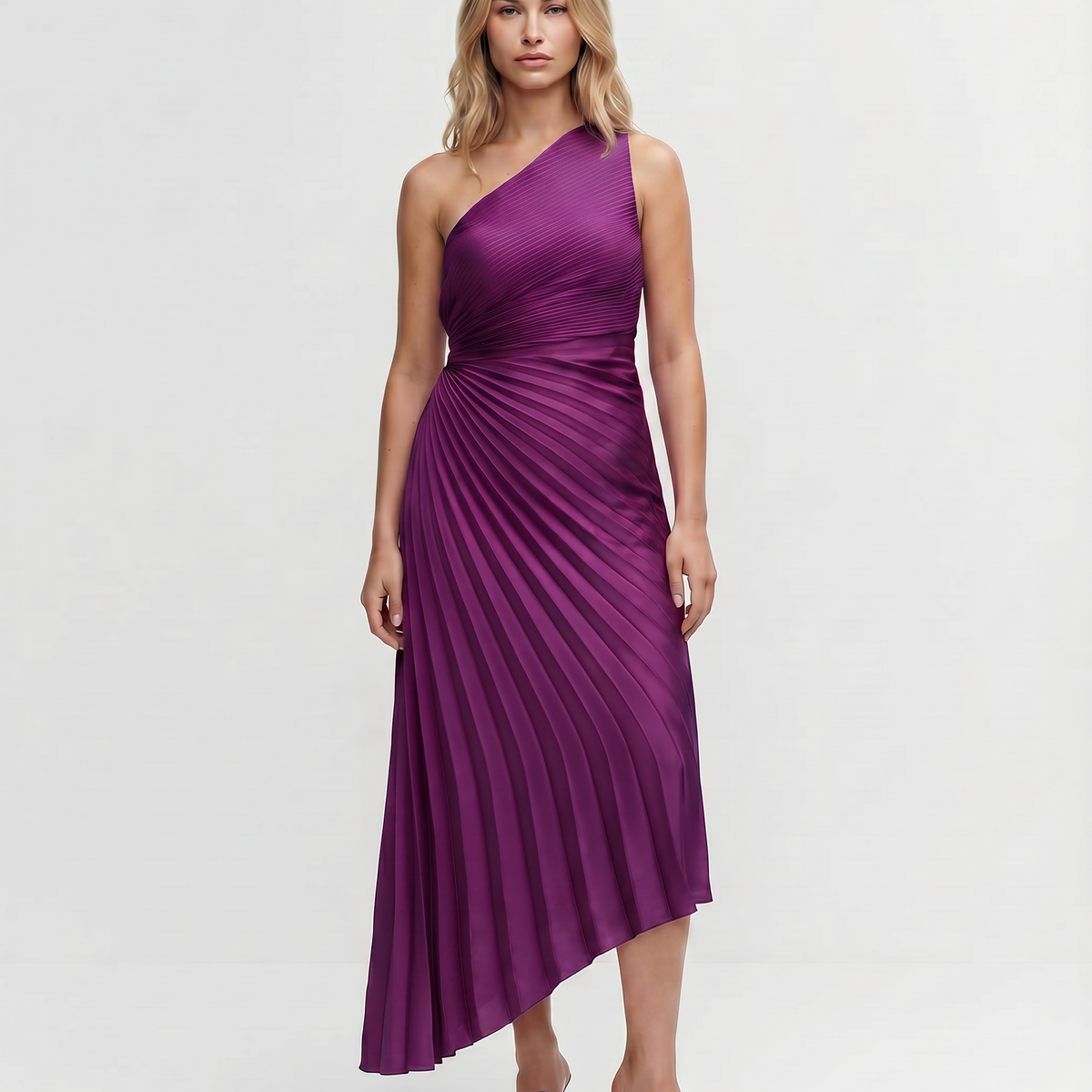 Ava | One Shoulder Midi Dress with Pleated Detail