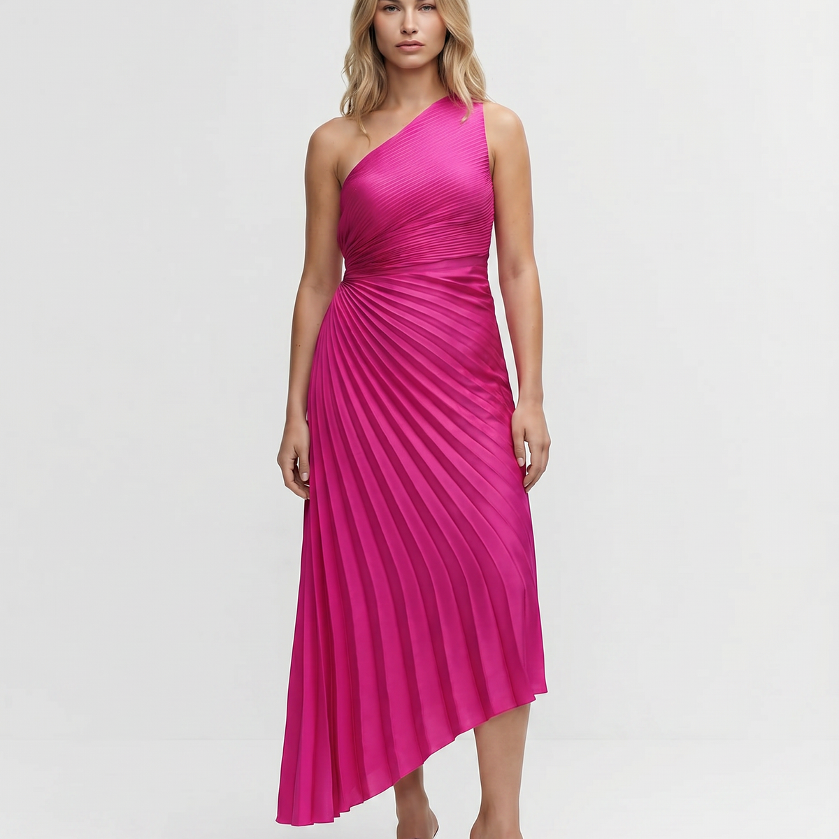 Ava | One Shoulder Midi Dress with Pleated Detail