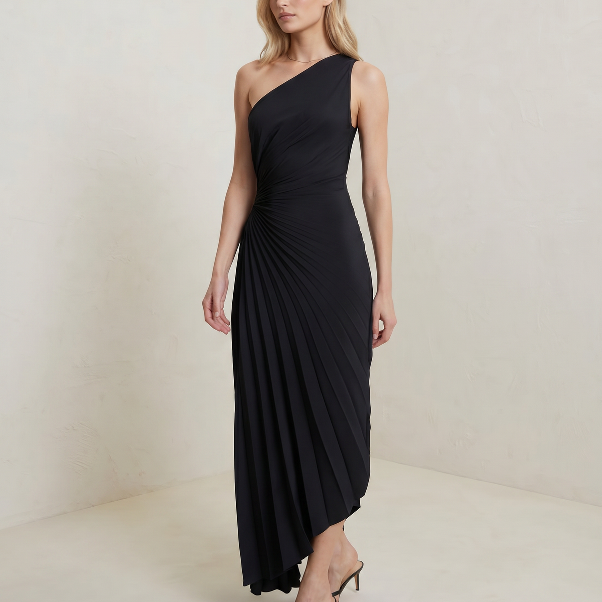 Ava | One Shoulder Midi Dress with Pleated Detail