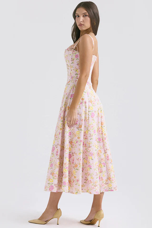 Nellie | Midi Dress with Floral Print and Corset Bodice