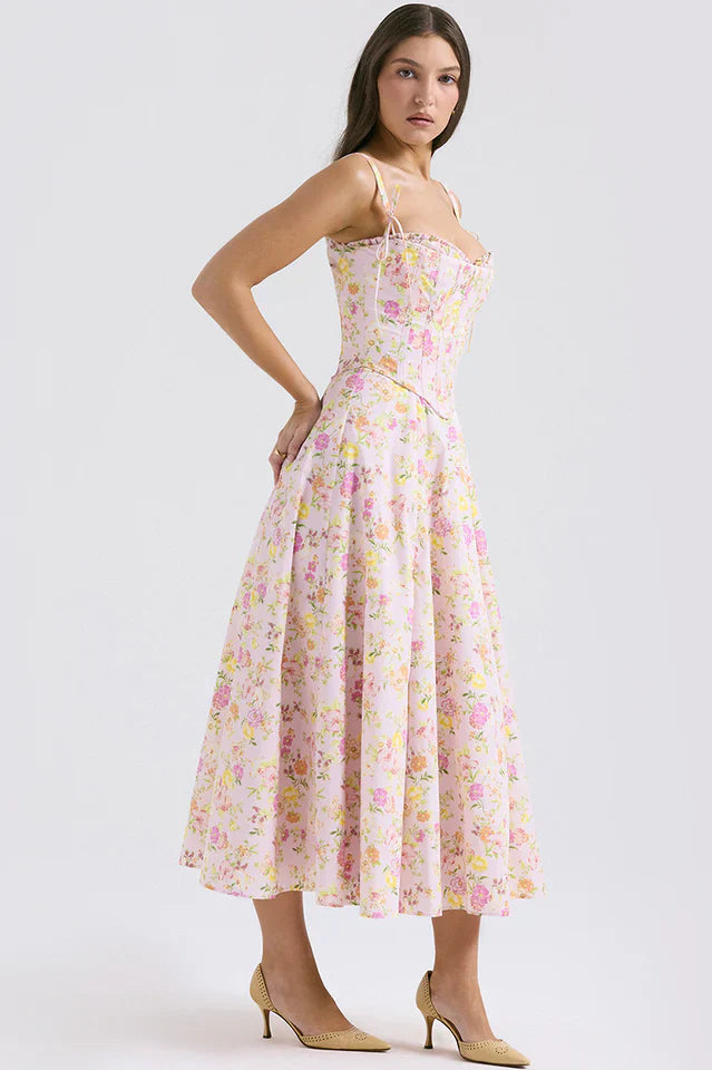 Nellie | Midi Dress with Floral Print and Corset Bodice