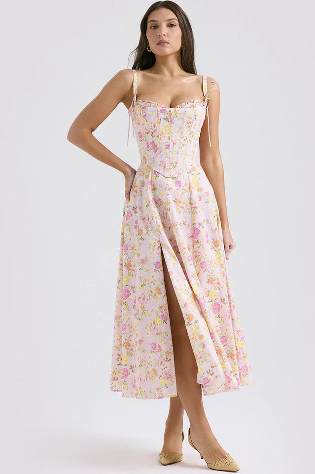 Nellie | Midi Dress with Floral Print and Corset Bodice