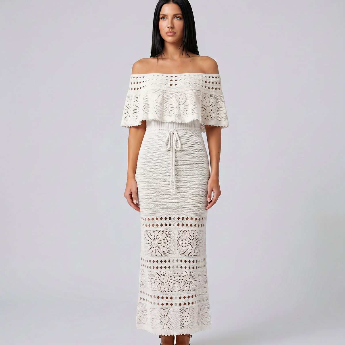 Mara | Midi Crochet Dress with Off-Shoulder Neckline