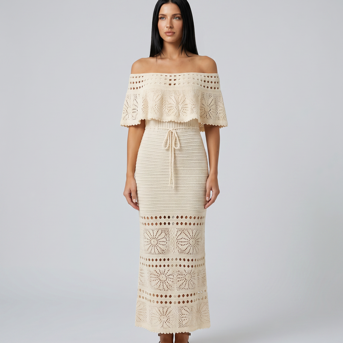 Mara | Midi Crochet Dress with Off-Shoulder Neckline