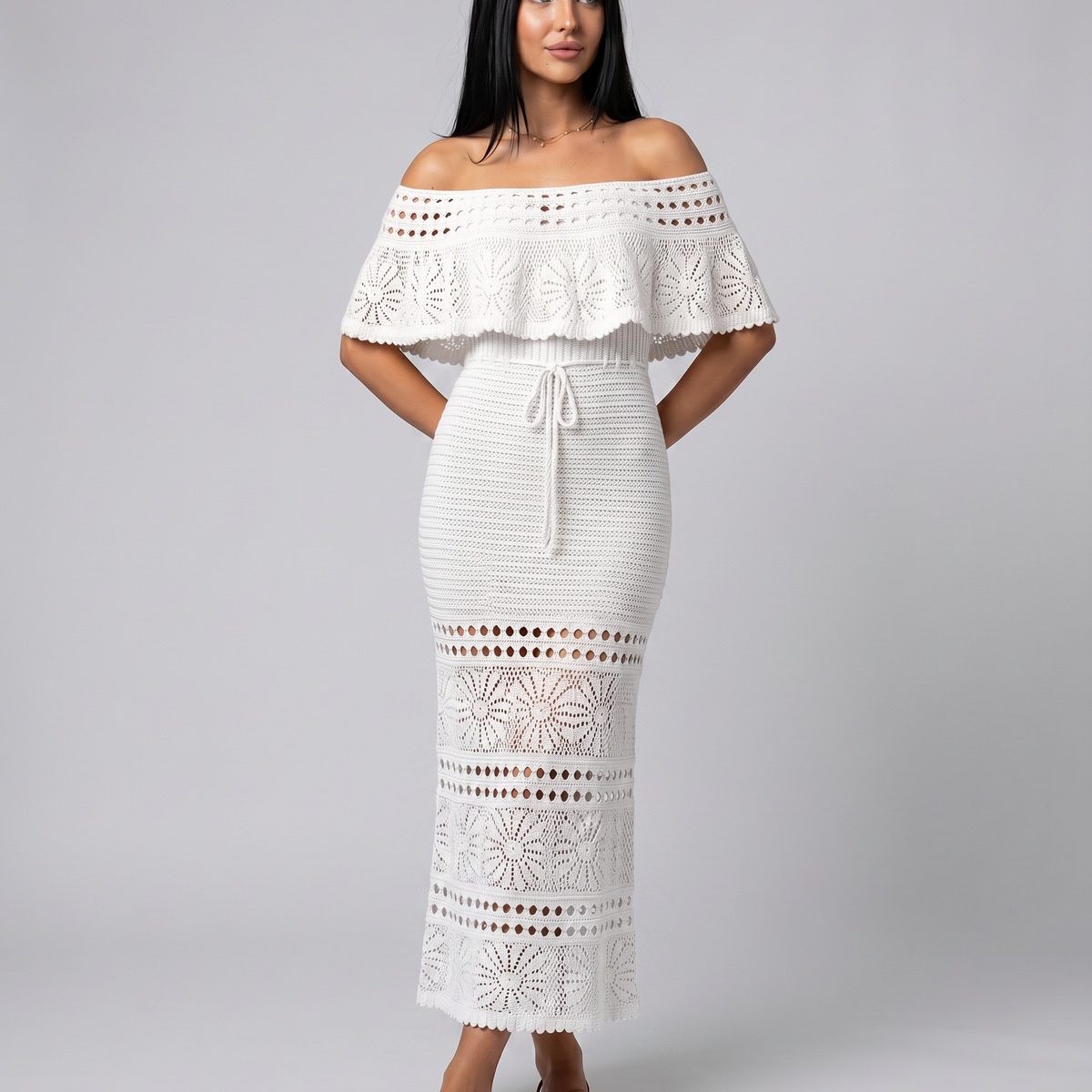 Mara | Midi Crochet Dress with Off-Shoulder Neckline