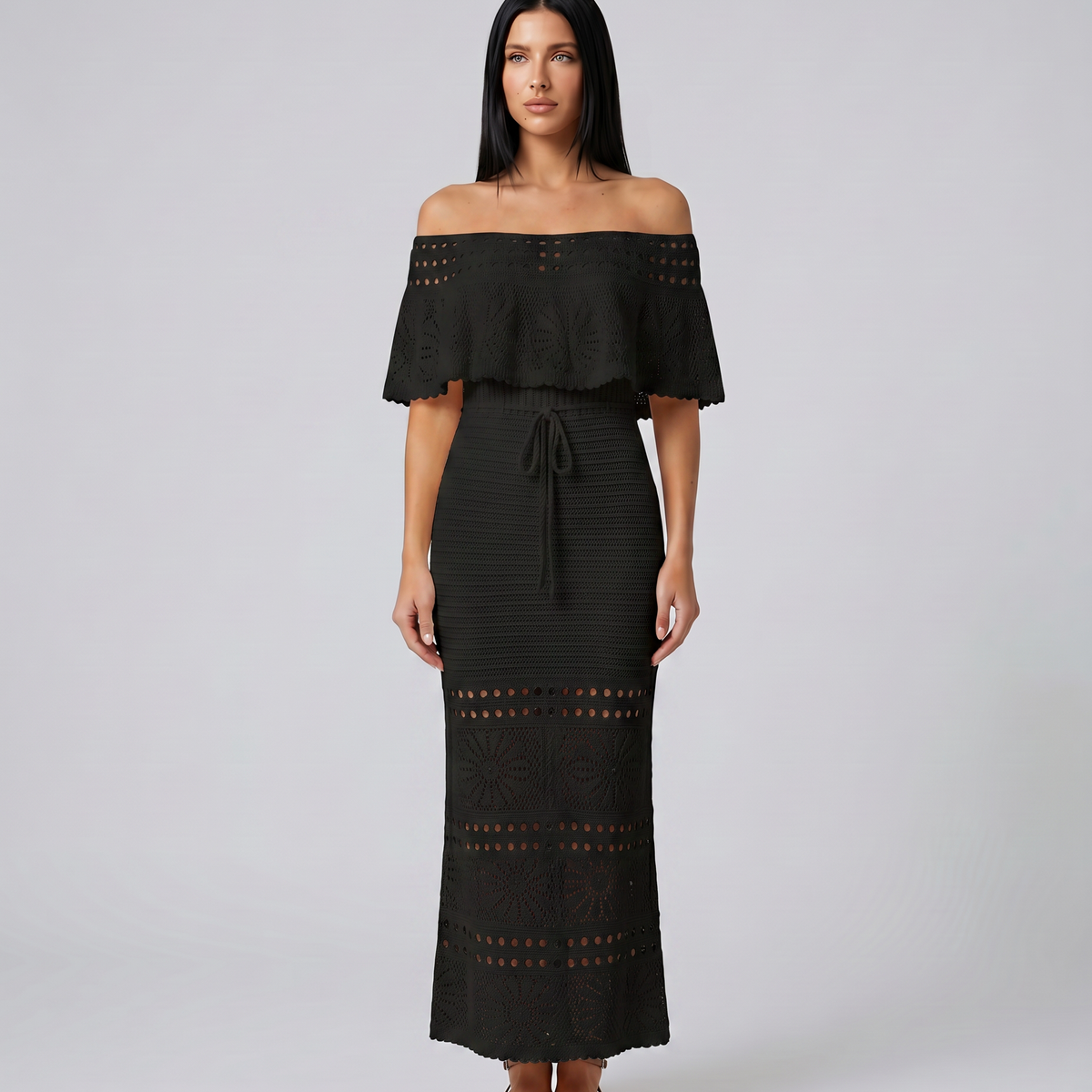 Mara | Midi Crochet Dress with Off-Shoulder Neckline