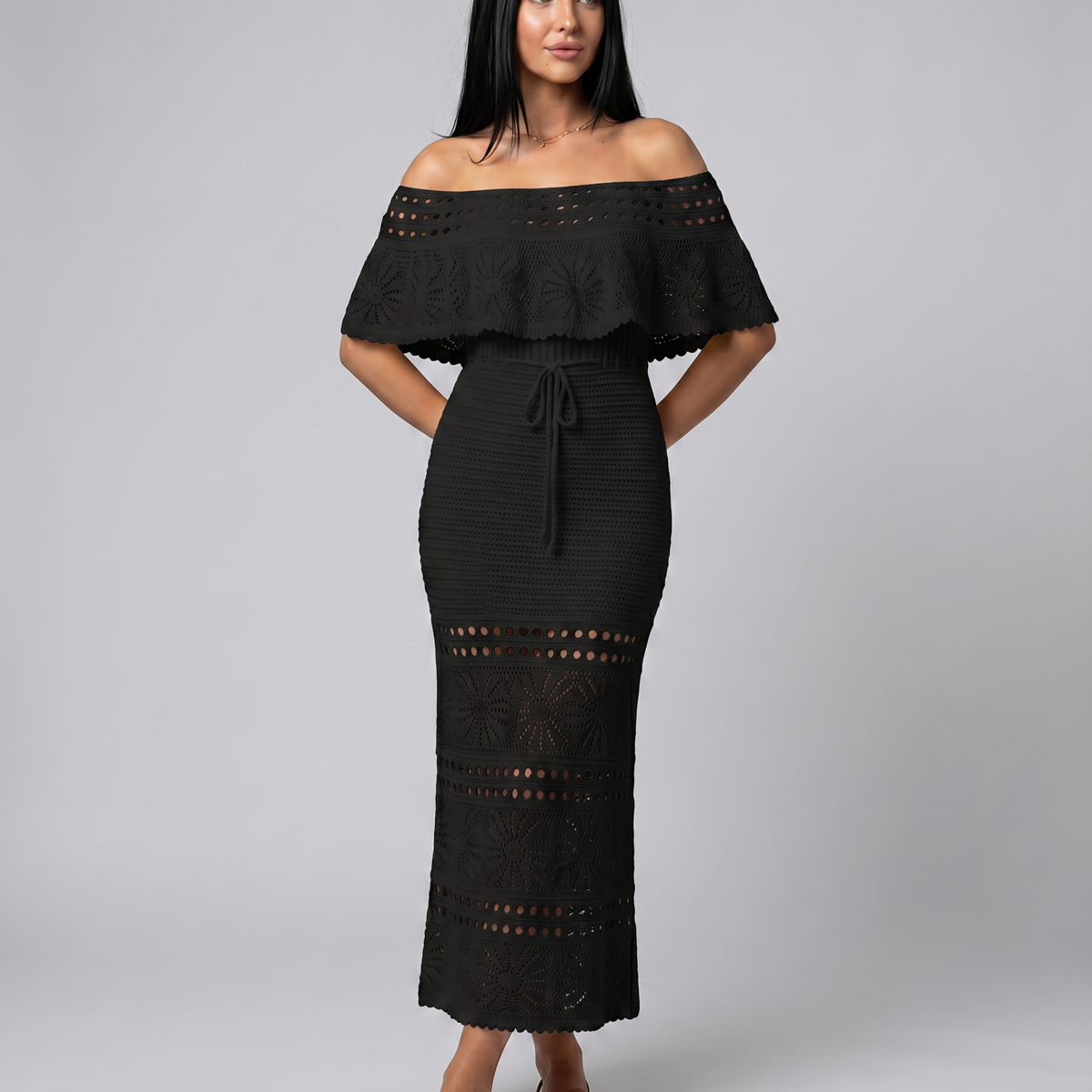 Mara | Midi Crochet Dress with Off-Shoulder Neckline