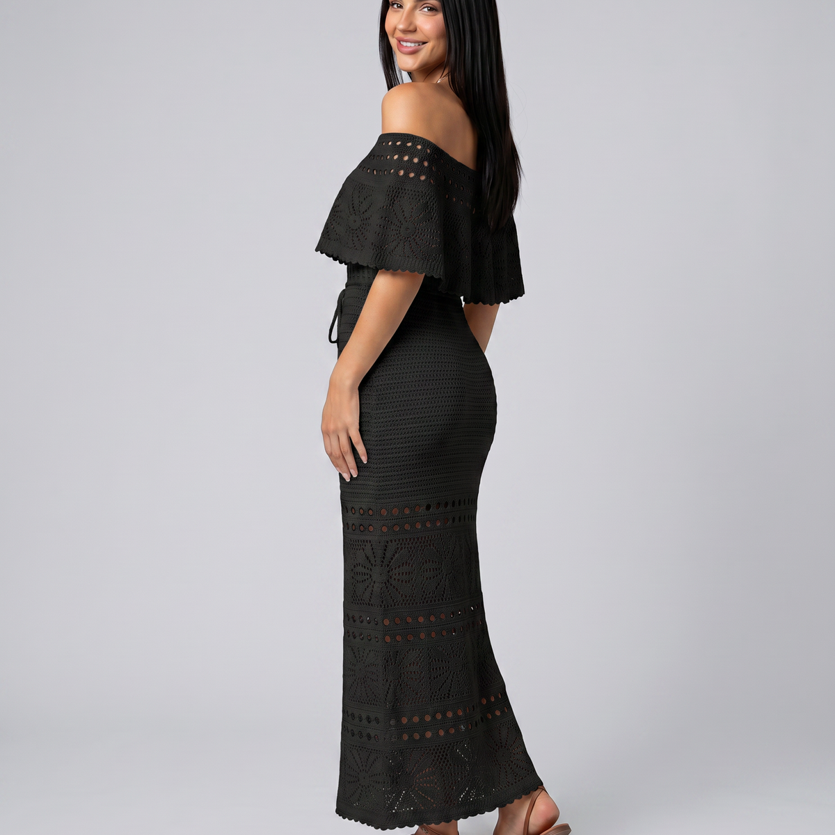 Mara | Midi Crochet Dress with Off-Shoulder Neckline