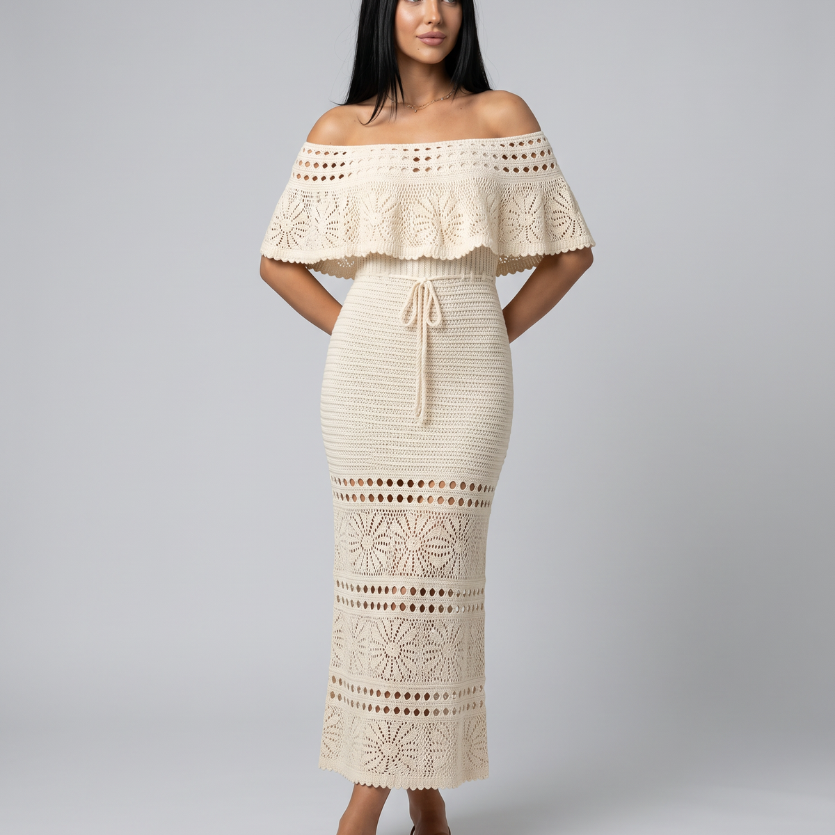 Mara | Midi Crochet Dress with Off-Shoulder Neckline
