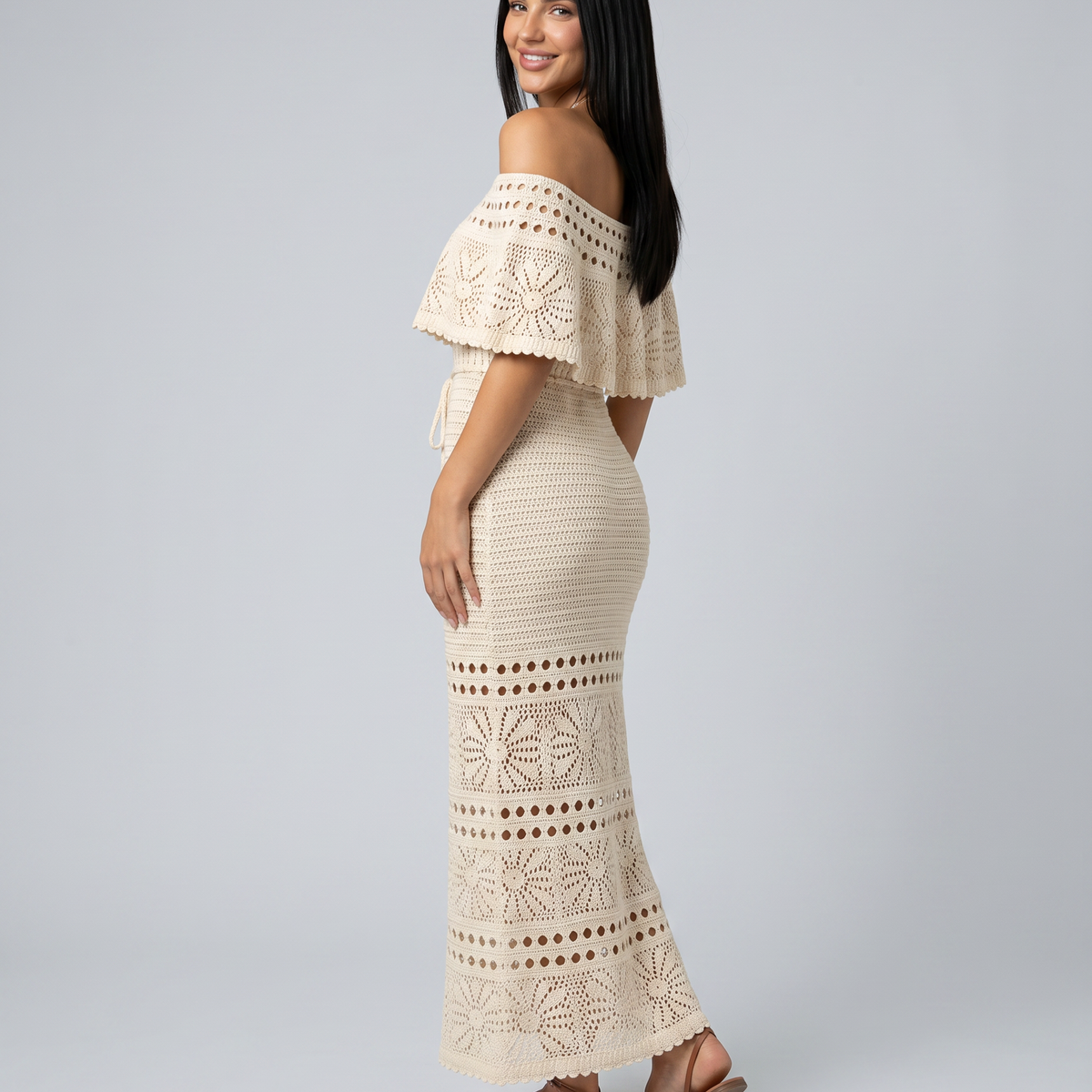 Mara | Midi Crochet Dress with Off-Shoulder Neckline