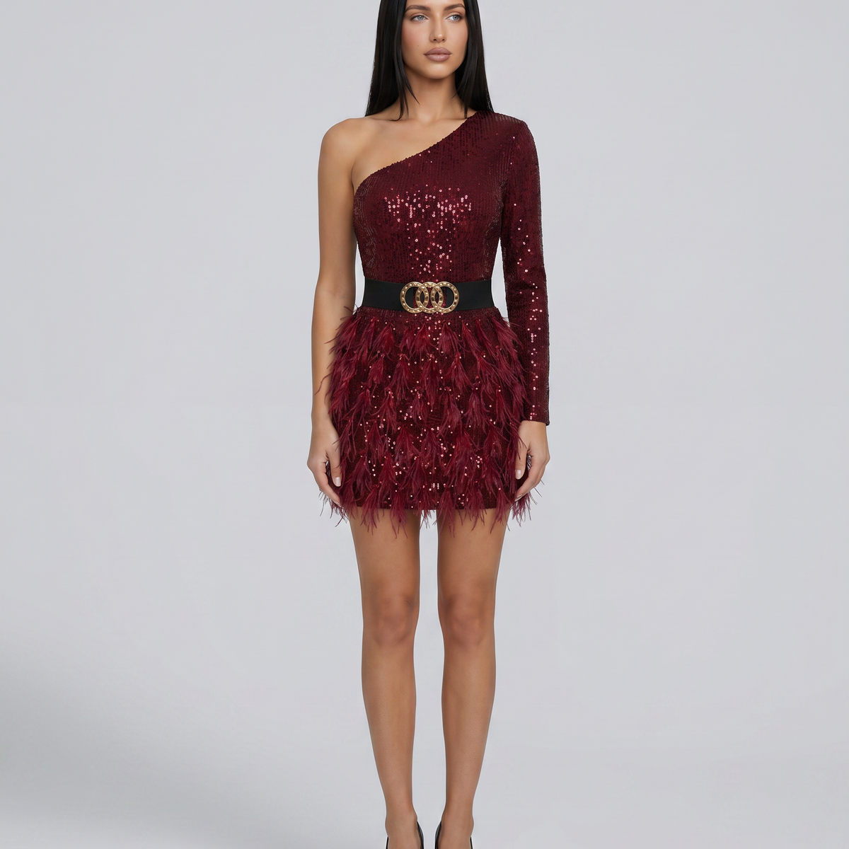 Eva | Mini Dress with One-Shoulder Sequin Bodice and Feather Skirt