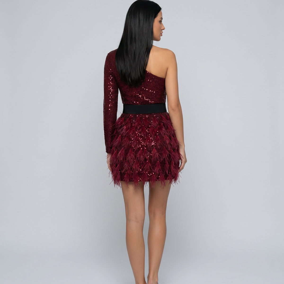 Eva | Mini Dress with One-Shoulder Sequin Bodice and Feather Skirt