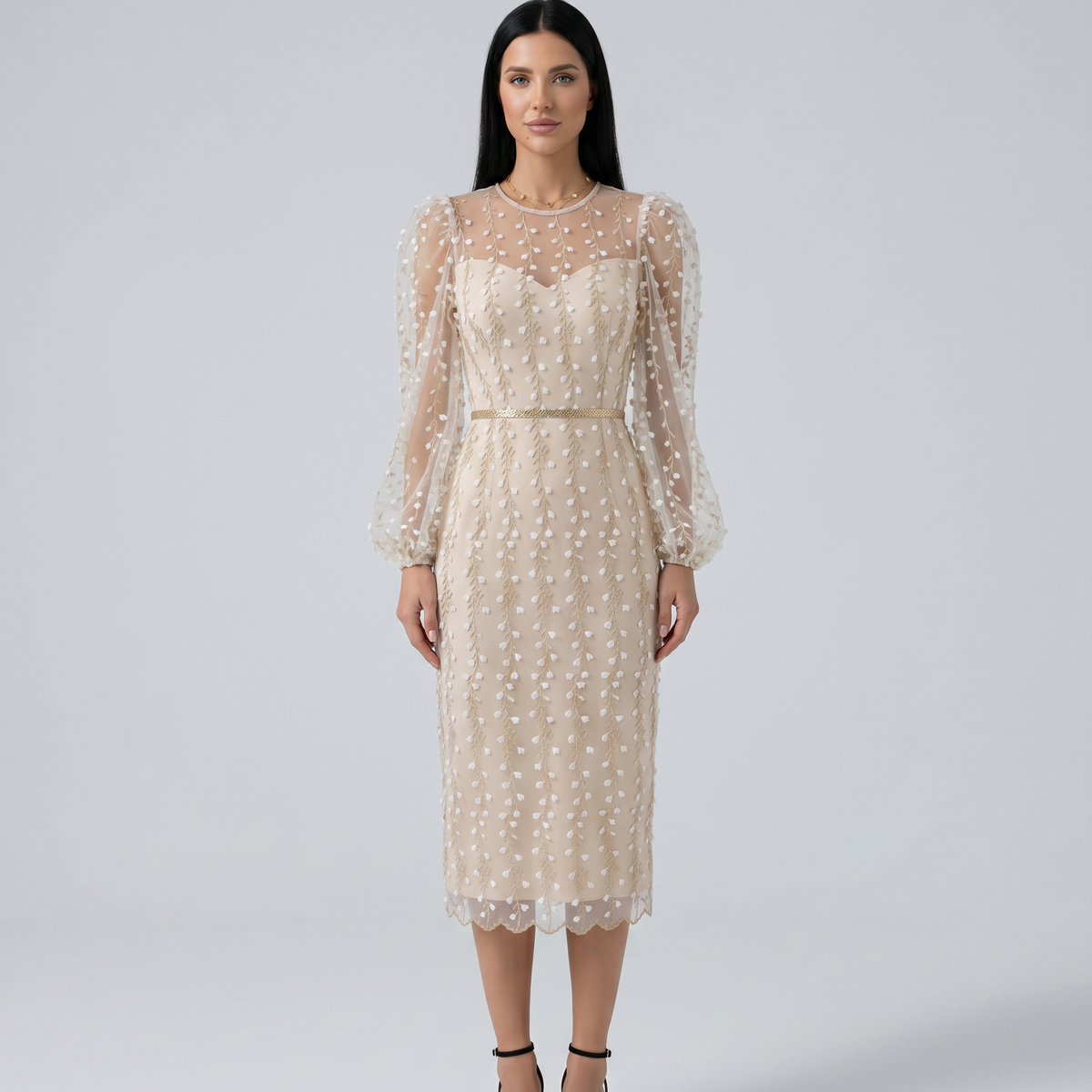 Toni | Midi Dress with Sheer Embroidered Overlay
