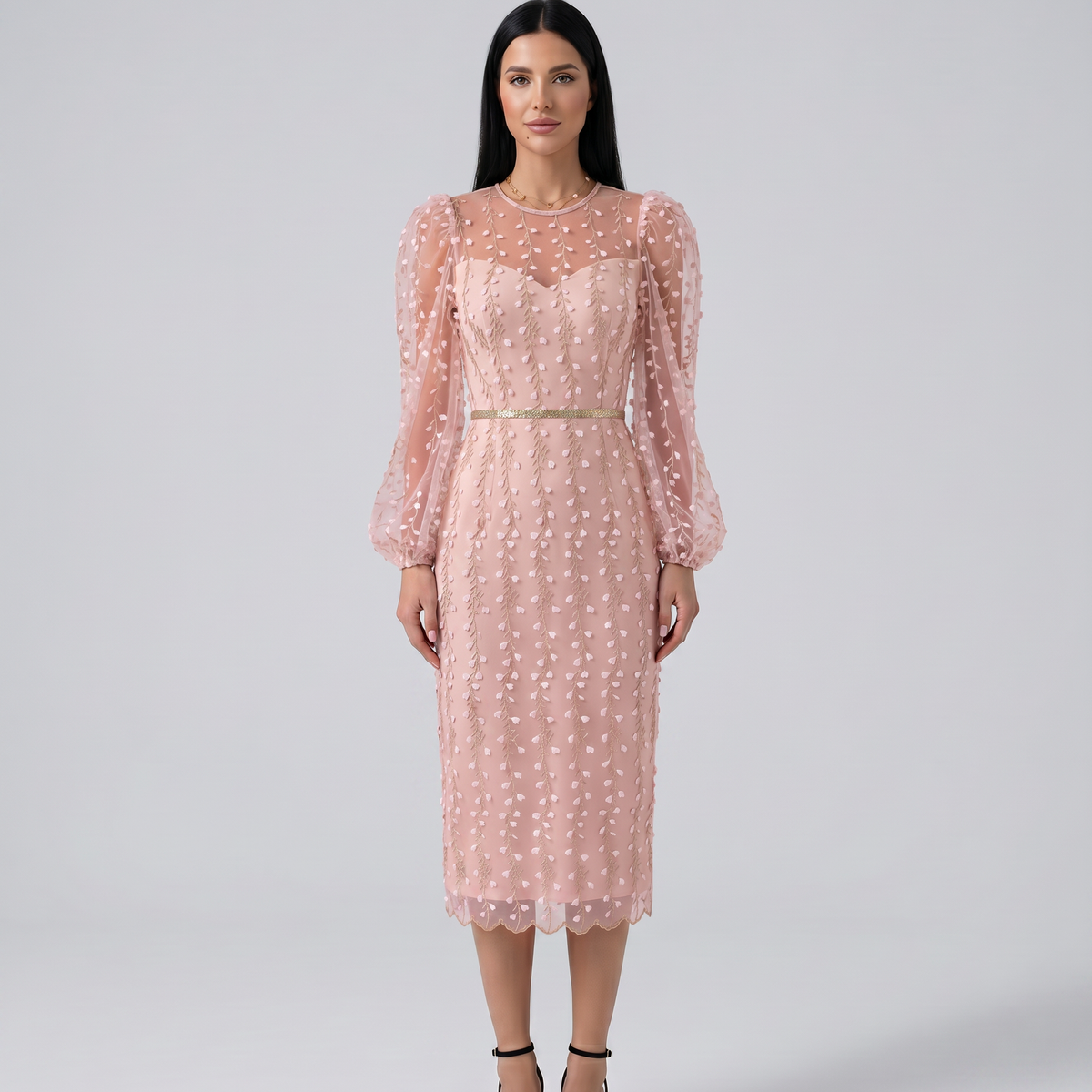 Toni | Midi Dress with Sheer Embroidered Overlay