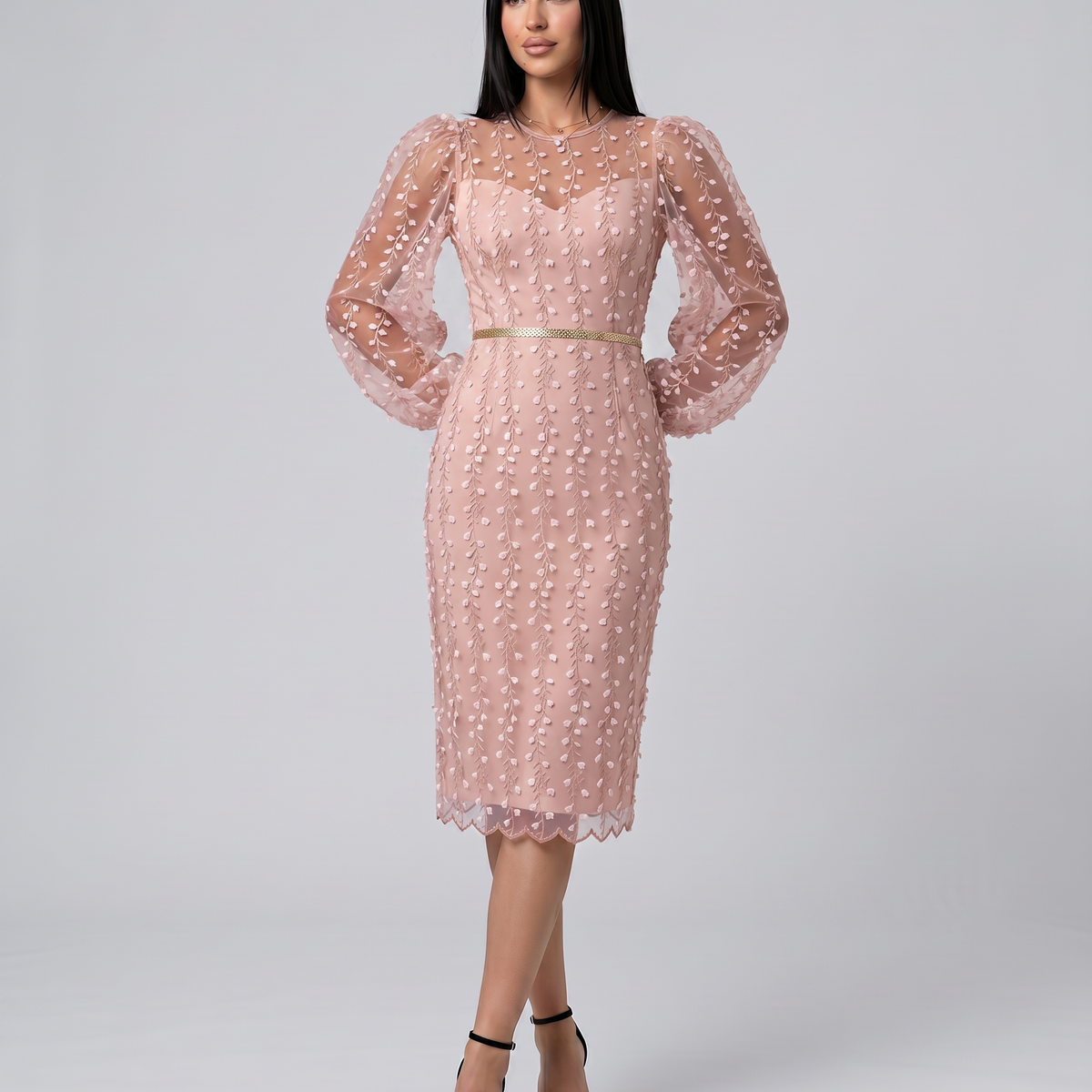 Toni | Midi Dress with Sheer Embroidered Overlay