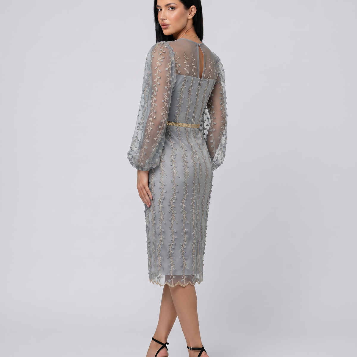 Toni | Midi Dress with Sheer Embroidered Overlay
