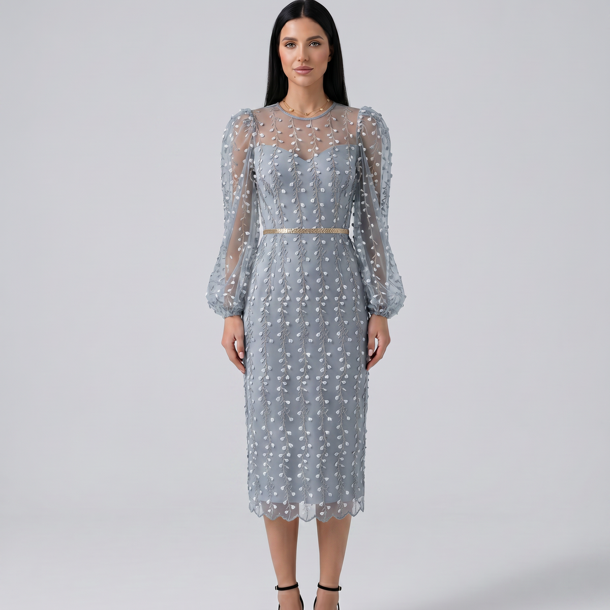 Toni | Midi Dress with Sheer Embroidered Overlay