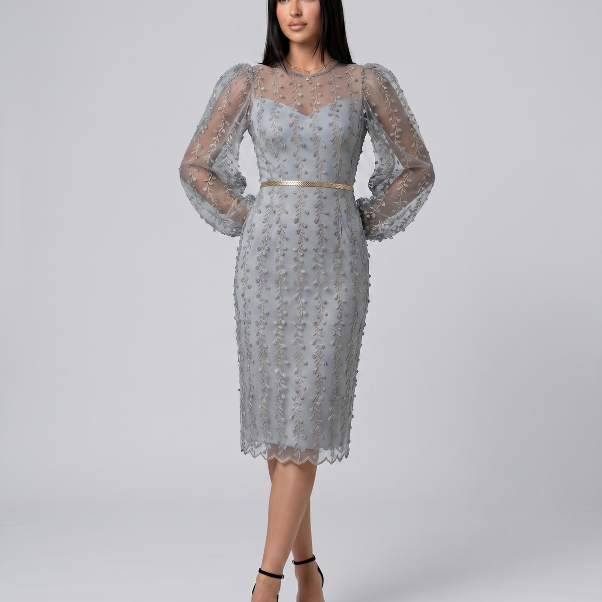 Toni | Midi Dress with Sheer Embroidered Overlay