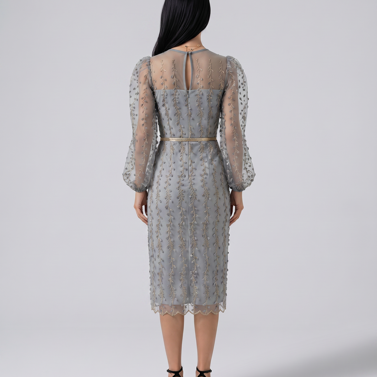 Toni | Midi Dress with Sheer Embroidered Overlay